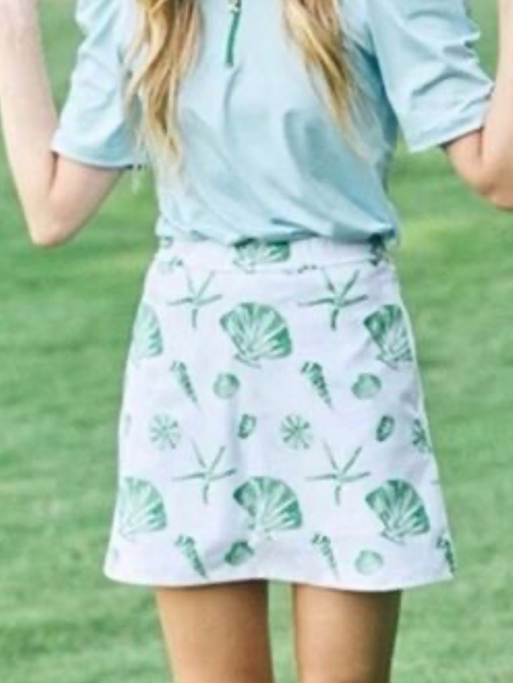 Women's Sea Shell Print A-Line Skirt - Light Blue/Green